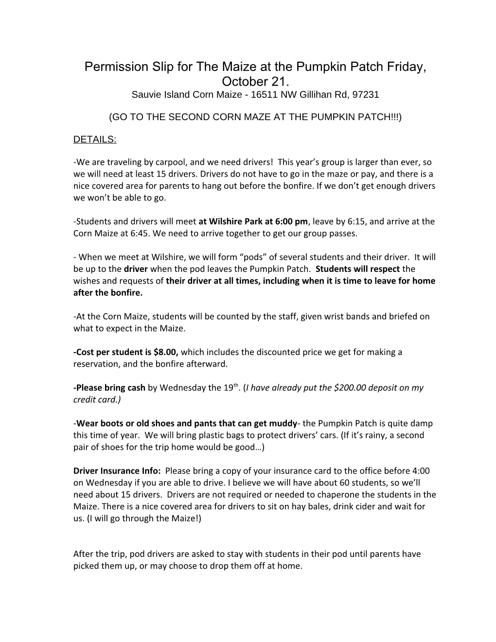 Permission Slip For Haunted Pumpkin Patch “Field Of Screams” Trip, Friday, October 17