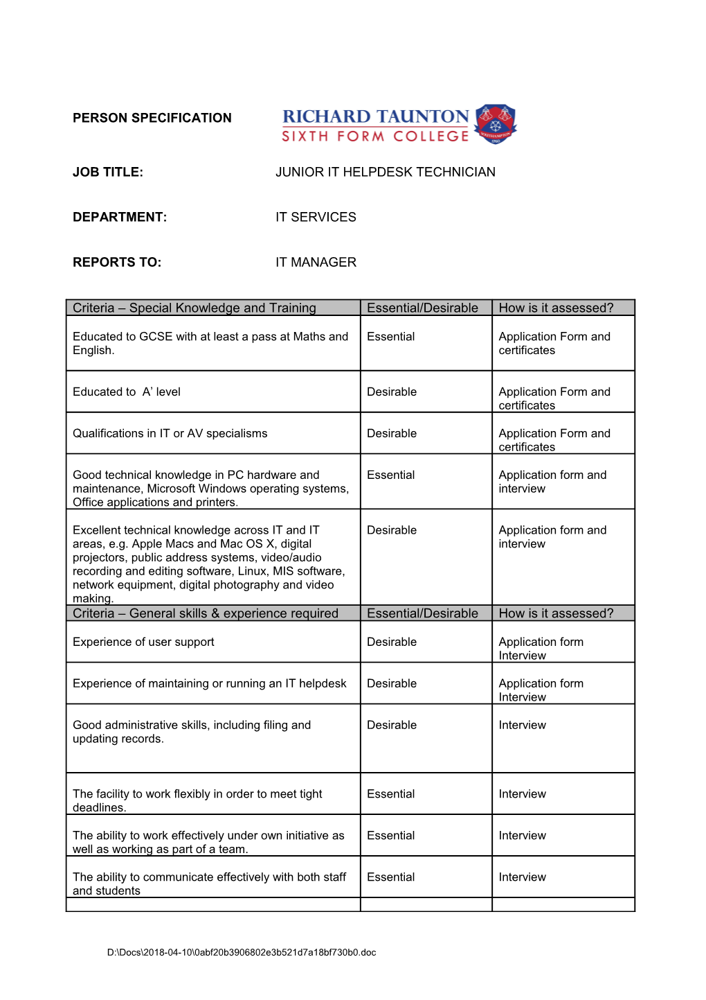 Application Form Criteria Within the Person Specification Are Assessed Against the Application s1