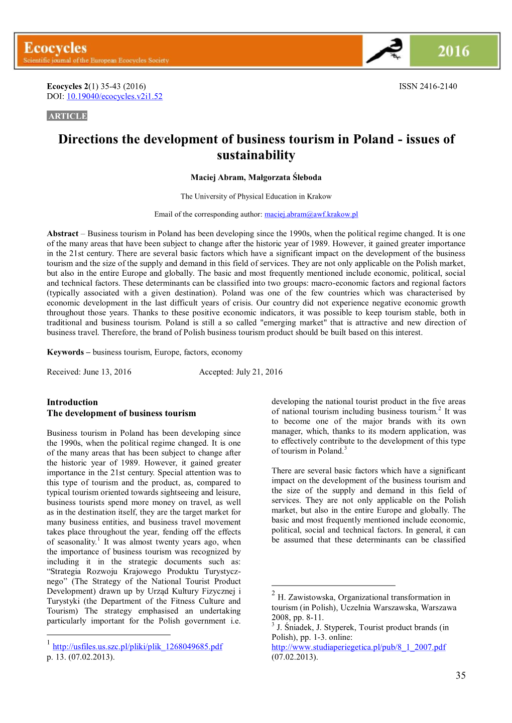 Directions the Development of Business Tourism in Poland - Issues of Sustainability