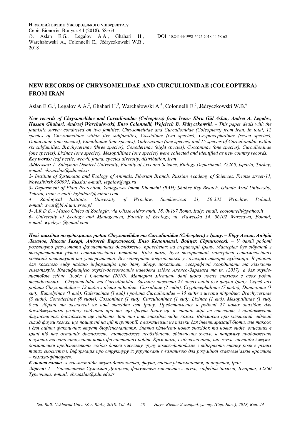 New Records of Chrysomelidae and Curculionidae (Coleoptera) from Iran