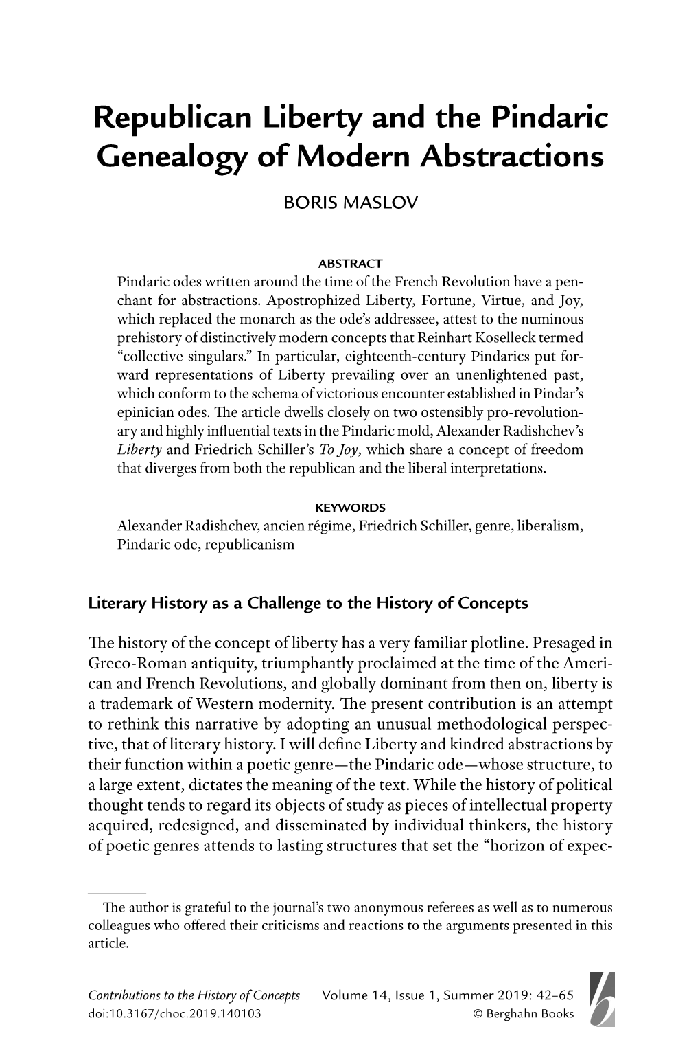 Republican Liberty and the Pindaric Genealogy of Modern Abstractions BORIS MASLOV