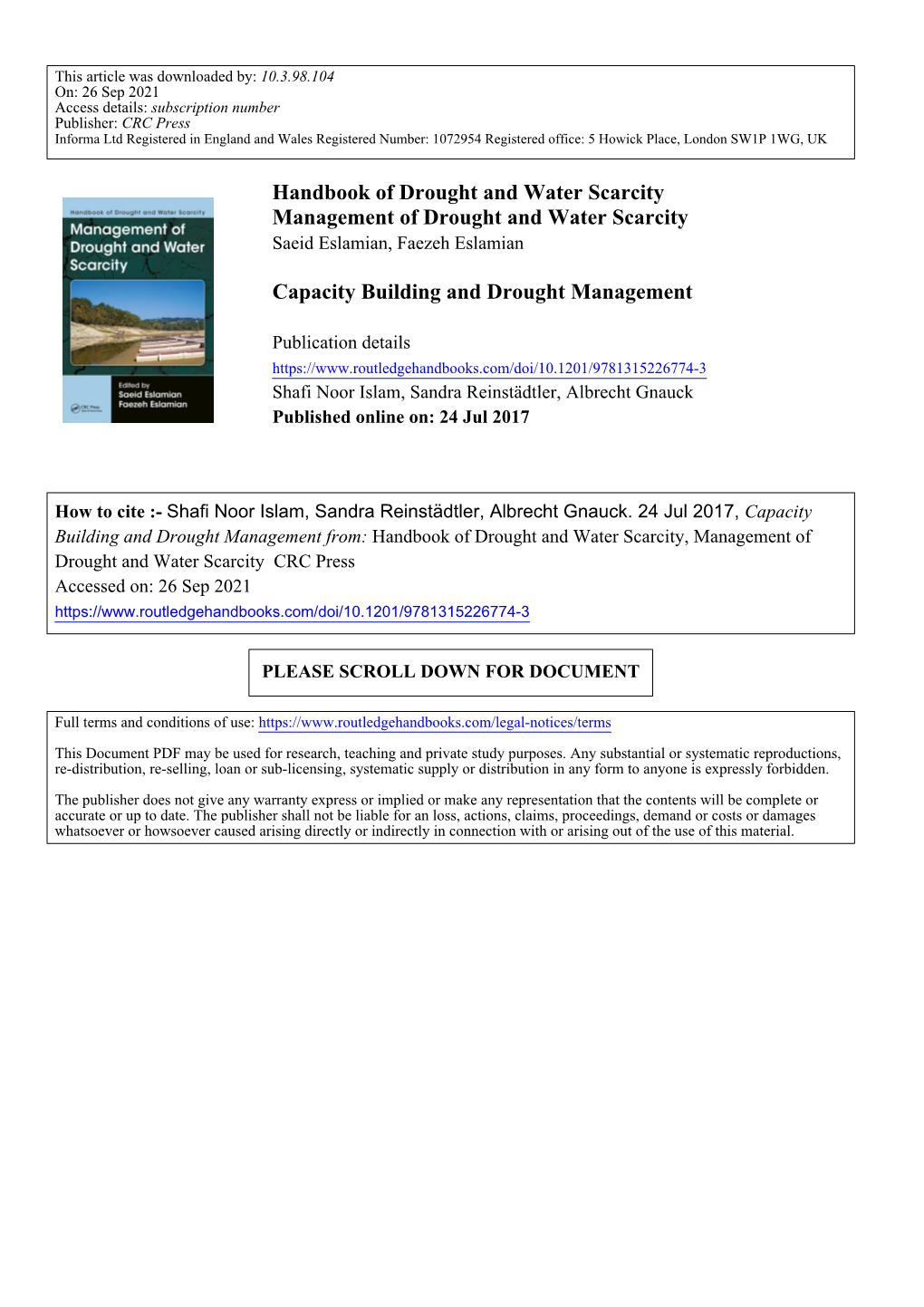 Handbook of Drought and Water Scarcity Management of Drought and Water Scarcity Saeid Eslamian, Faezeh Eslamian