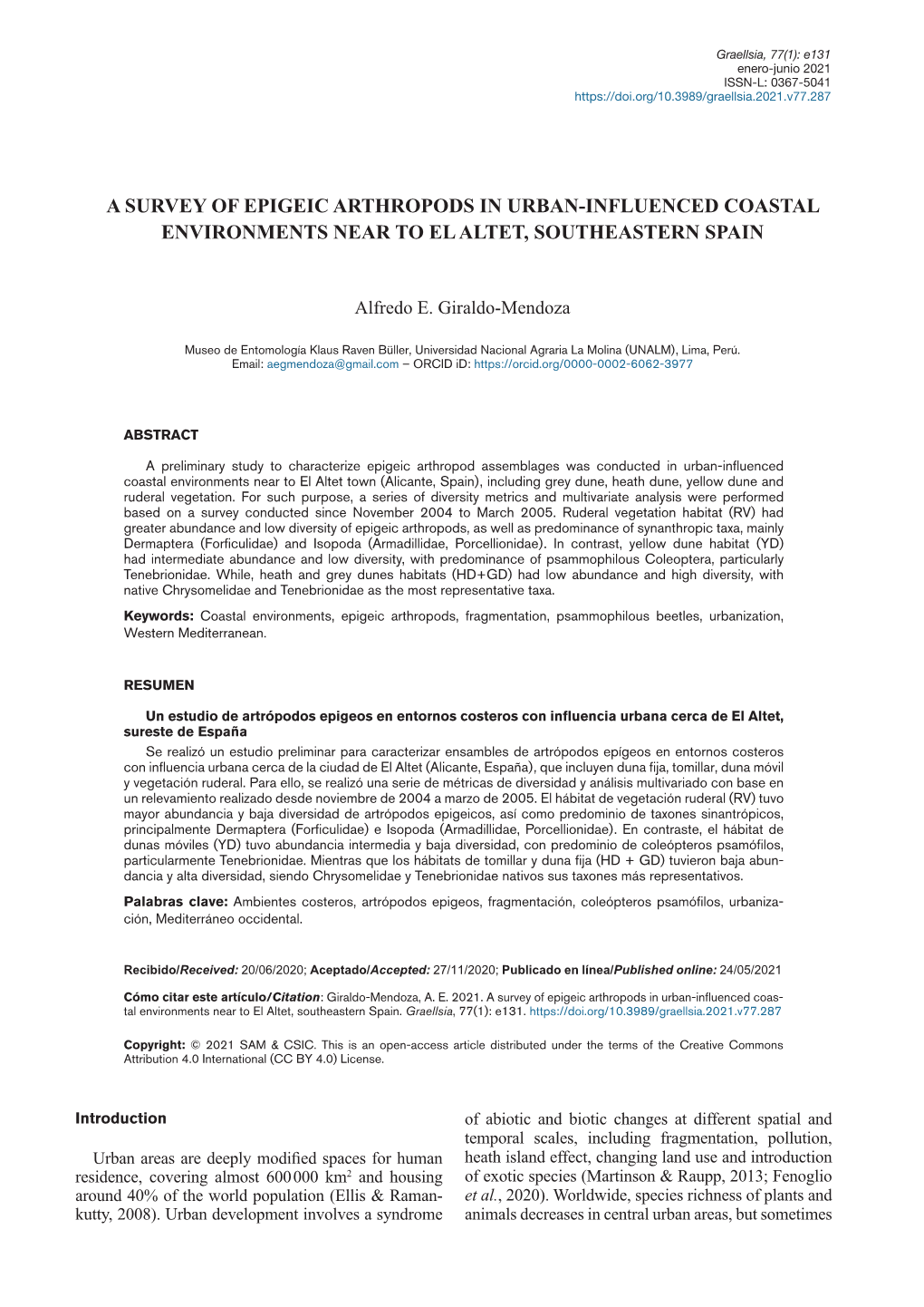 A Survey of Epigeic Arthropods in Urban-Influenced Coastal Environments Near to El Altet, Southeastern Spain