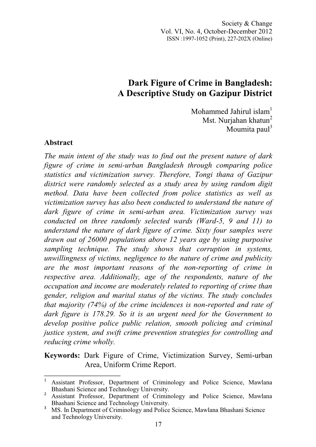 Dark Figure of Crime in Bangladesh: a Descriptive Study on Gazipur District