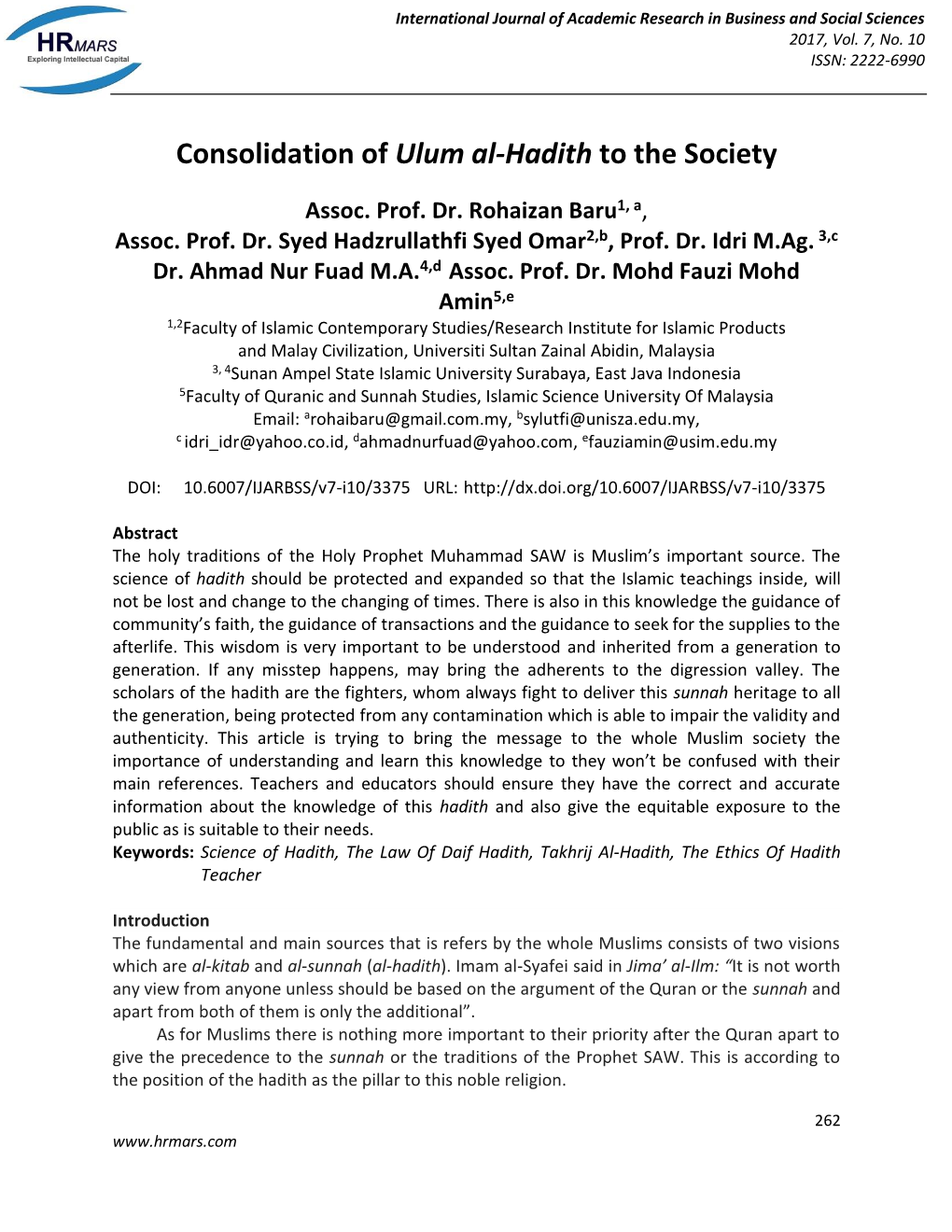 Consolidation of Ulum Al-Hadith to the Society