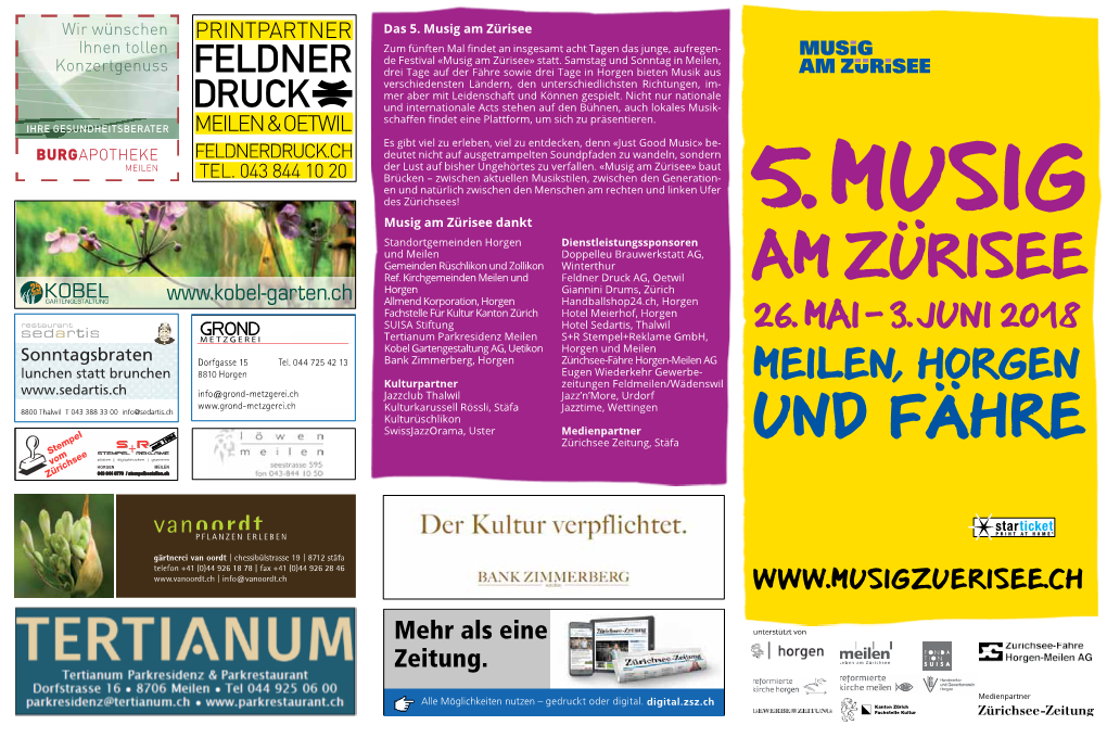 5. Musig Am Zürisee Ihnen Tollen Zum Fünften Mal Findet an Insgesamt Acht Tagen Das Junge, Aufregen- De Festival «Musig Am Zürisee» Statt