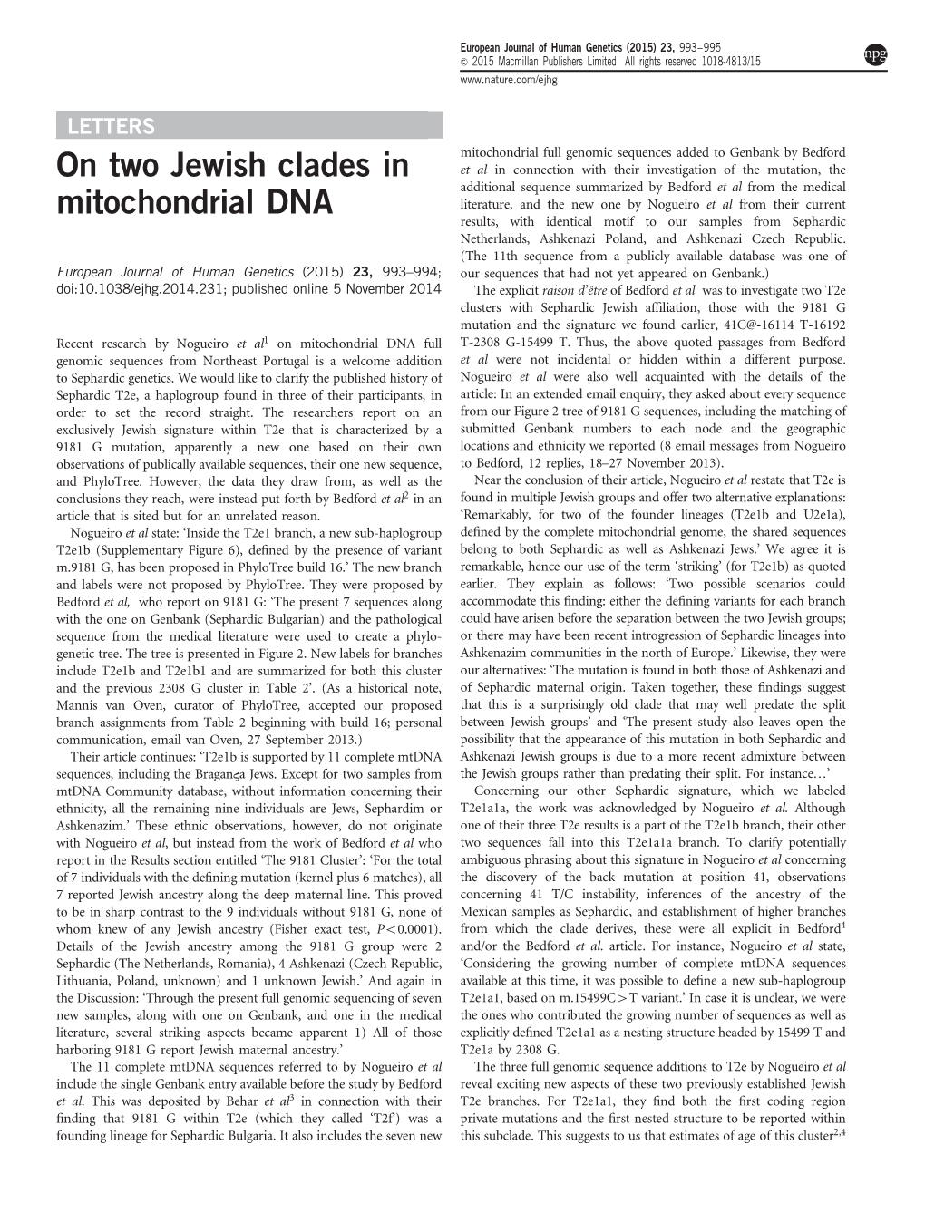 On Two Jewish Clades in Mitochondrial