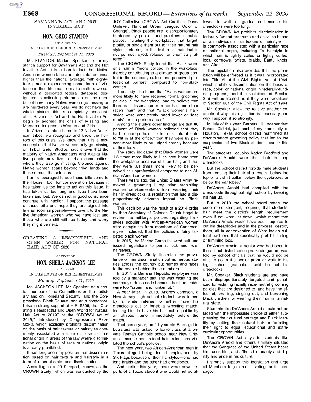 CONGRESSIONAL RECORD— Extensions of Remarks E868 HON. GREG STANTON HON. SHEILA JACKSON