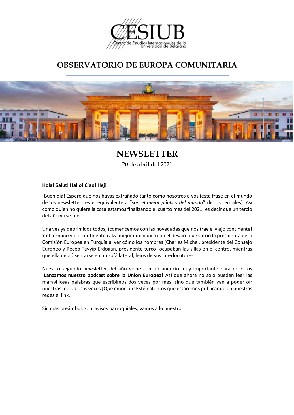 NEWSLETTER 20 De Abril Del 2021