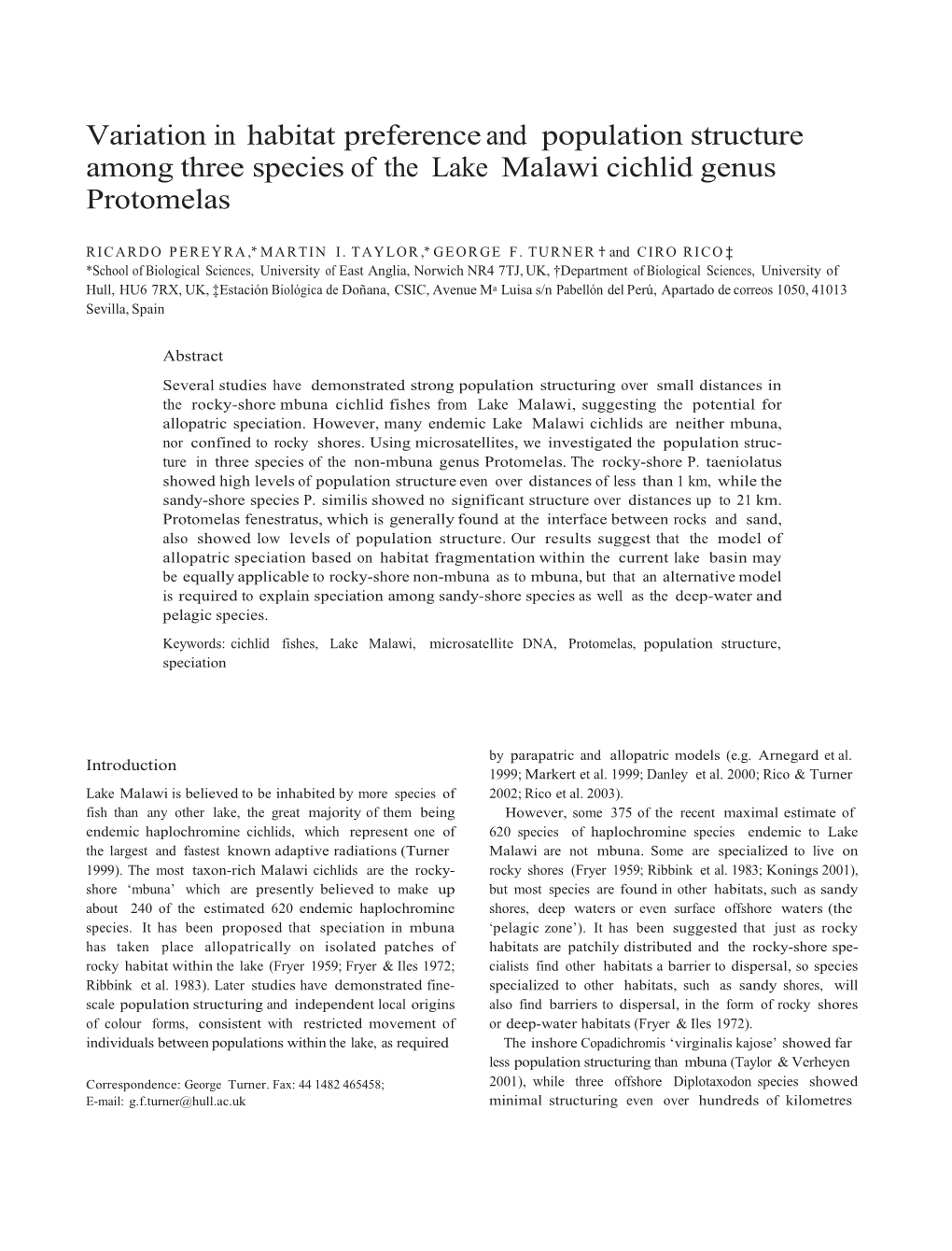 Variation in Habitat Preference and Population Structure Among Three Species of the Lake Malawi Cichlid Genus Protomelas