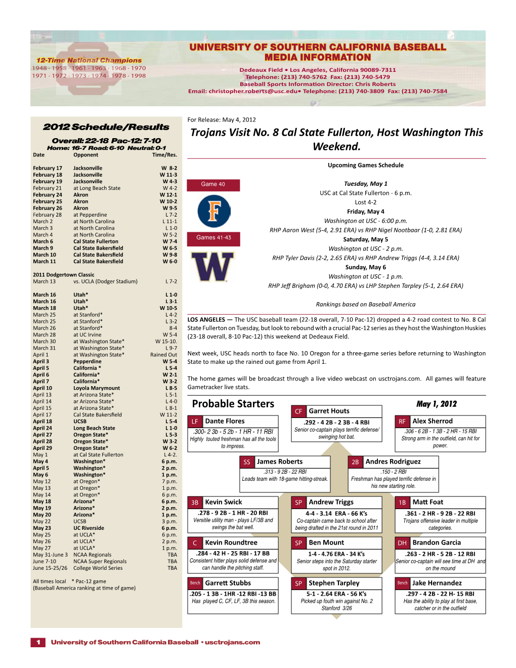 Trojans Visit No. 8 Cal State Fullerton, Host Washington This Overall: 22-18 Pac-12: 7-10 Home: 16-7 Road: 6-10 Neutral: 0-1 Weekend