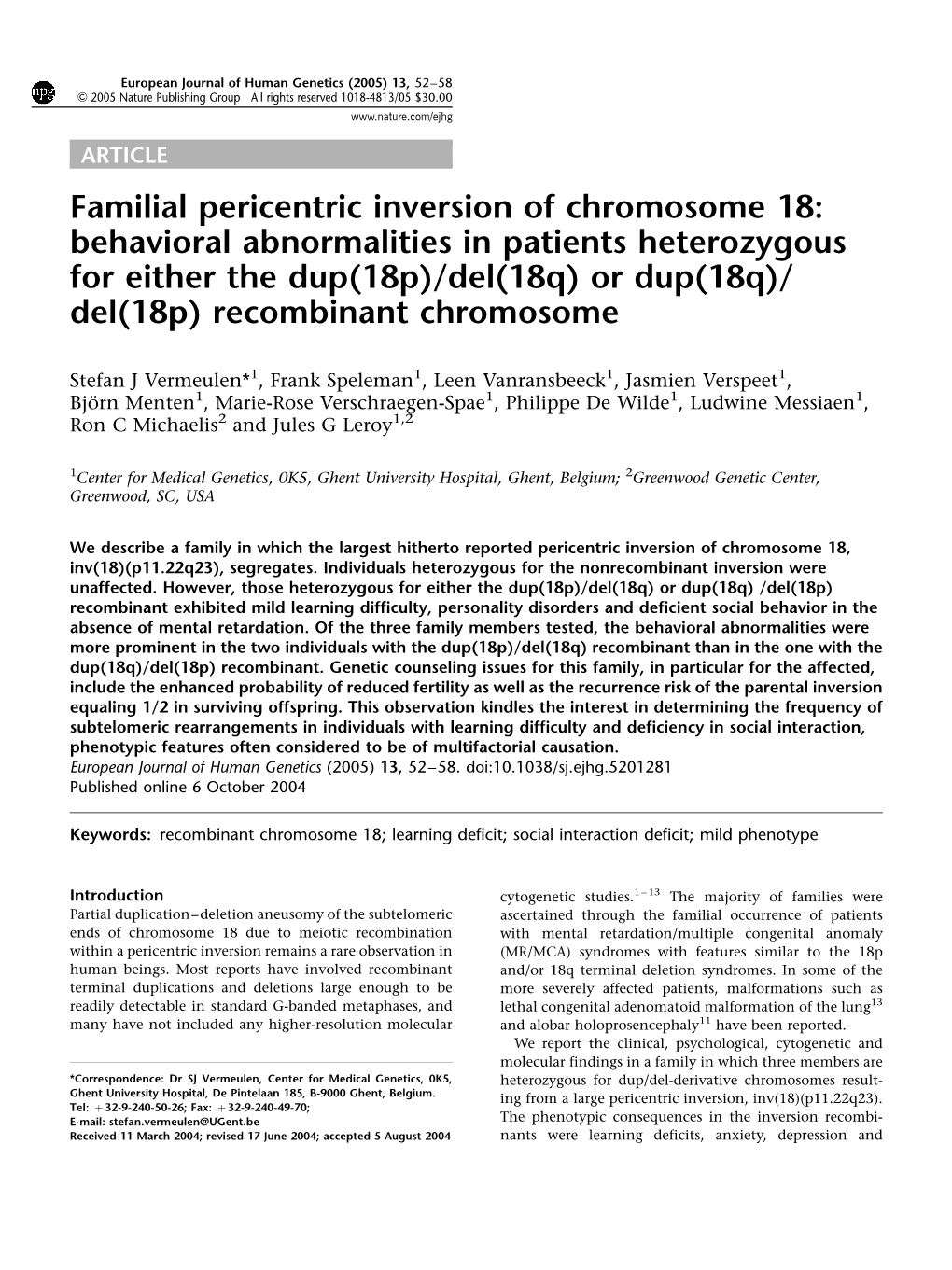 Familial Pericentric Inversion of Chromosome 18