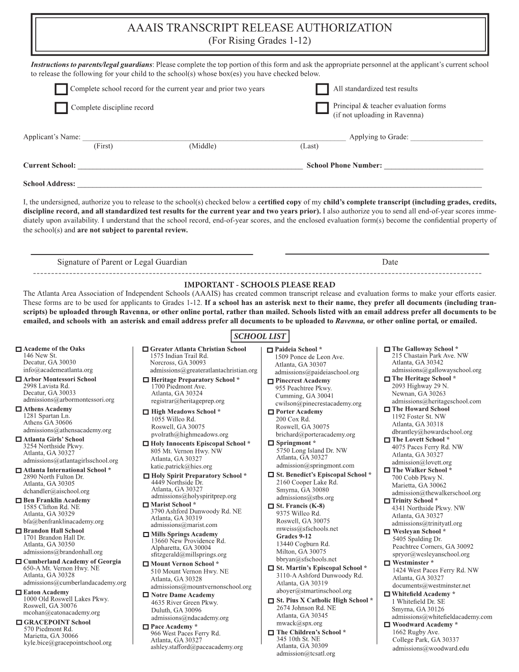 AAAIS TRANSCRIPT RELEASE AUTHORIZATION (For Rising Grades 1-12)