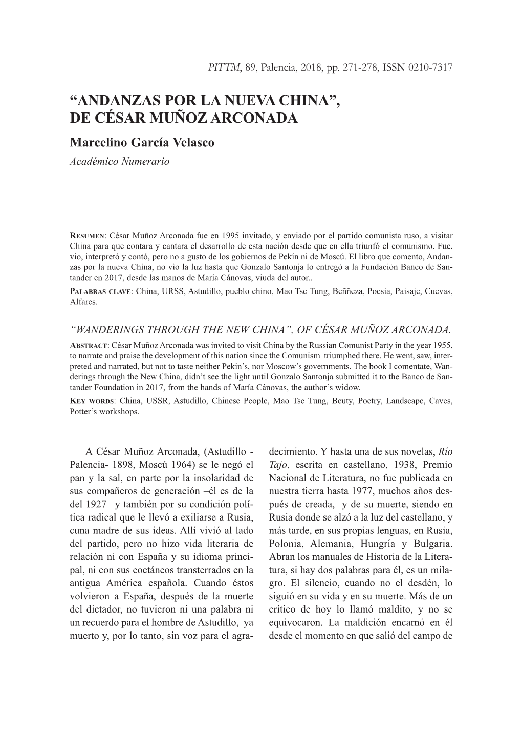 “ANDANZAS POR LA NUEVA CHINA”, DE CÉSAR MUÑOZ ARCONADA Marcelino García Velasco Académico Numerario