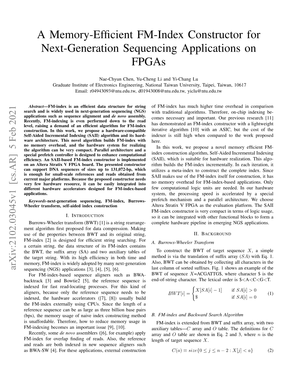 A Memory-Efficient FM-Index Constructor for Next-Generation Sequencing Applications on Fpgas