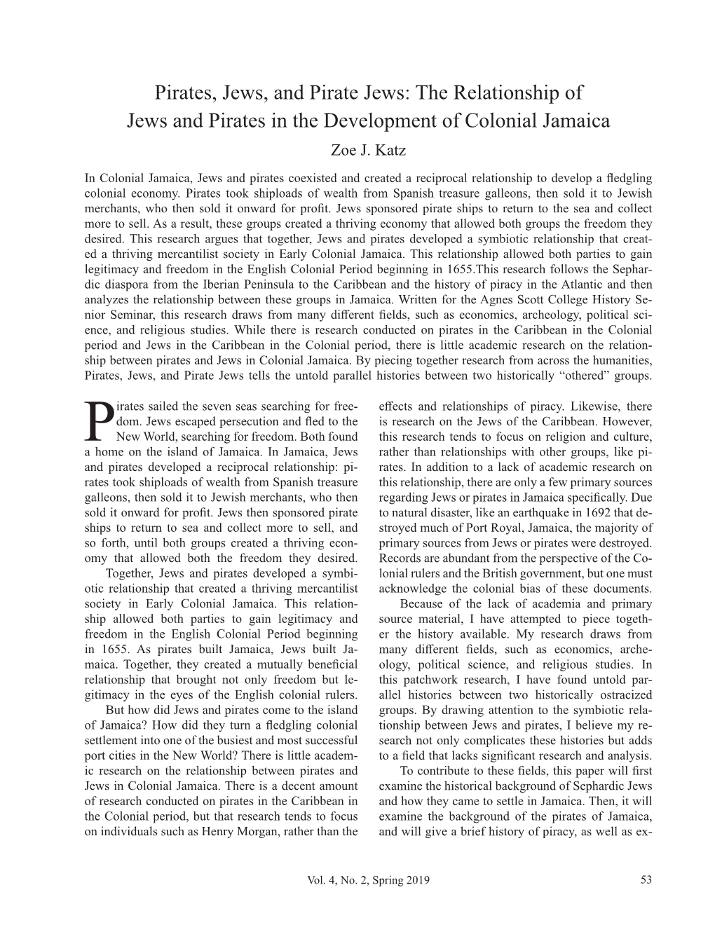The Relationship of Jews and Pirates in the Development of Colonial Jamaica Zoe J