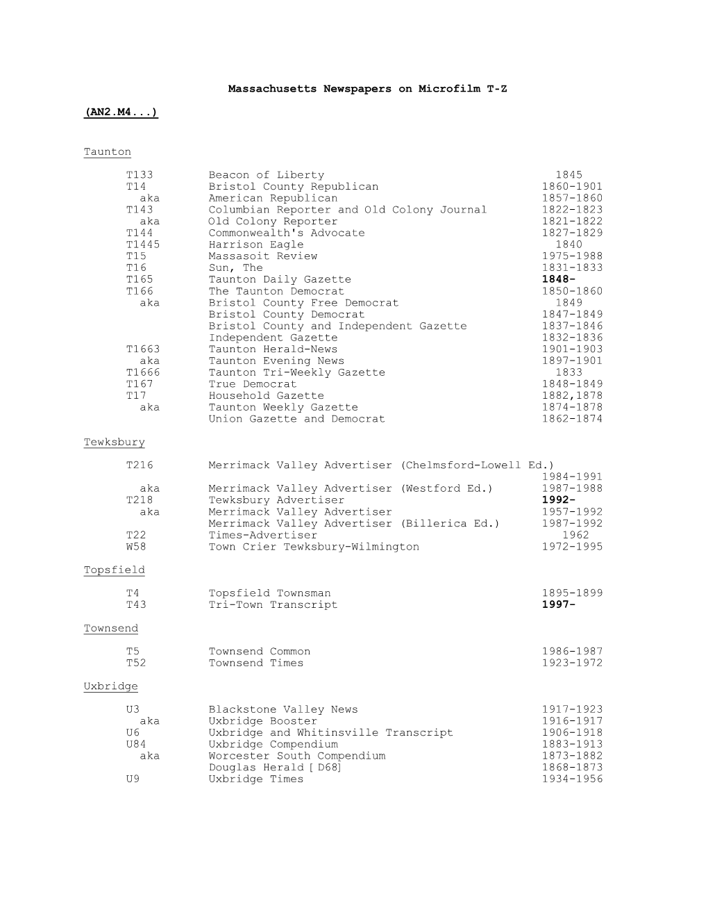 Massachusetts Newspapers on Microfilm T-Z (AN2.M4...) Taunton