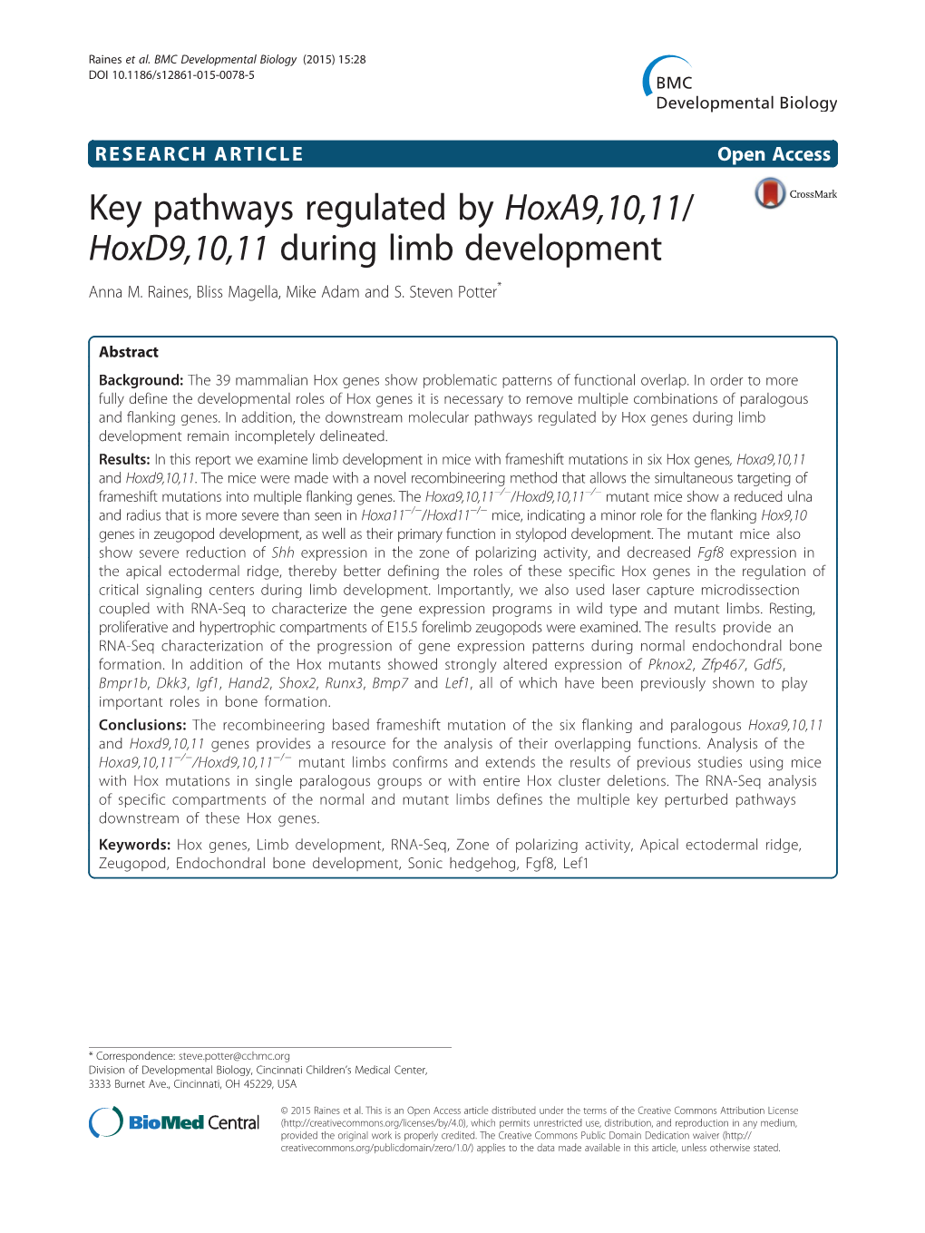 Key Pathways Regulated by Hoxa9,10,11/Hoxd9,10,11 During