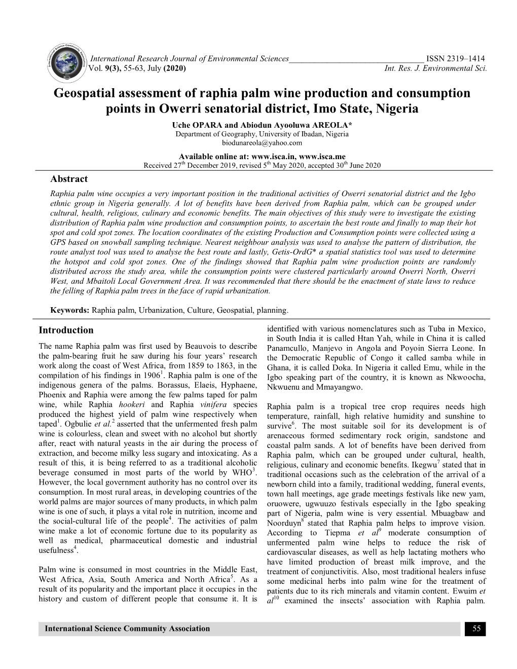 Geospatial Assessment of Raphia Palm Wine Production and Consumption