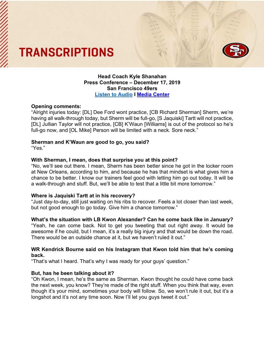 Head Coach Kyle Shanahan Press Conference – December 17, 2019 San Francisco 49Ers Listen to Audio I Media Center