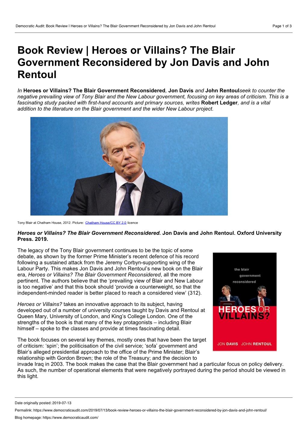 The Blair Government Reconsidered by Jon Davis and John Rentoul Page 1 of 3