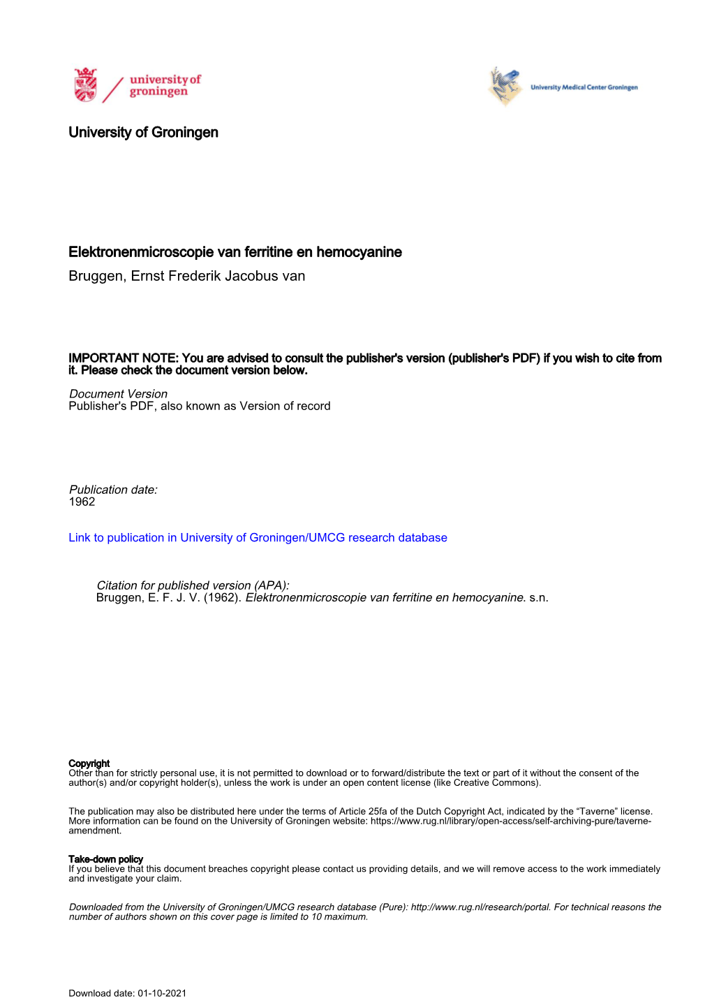 University of Groningen Elektronenmicroscopie Van Ferritine