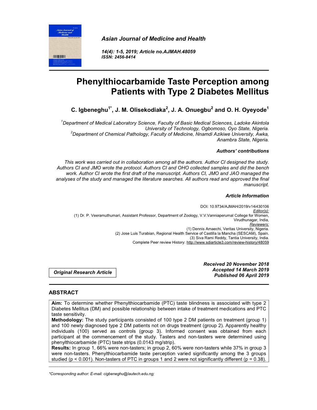 Phenylthiocarbamide Taste Perception Among Patients with Type 2 Diabetes Mellitus