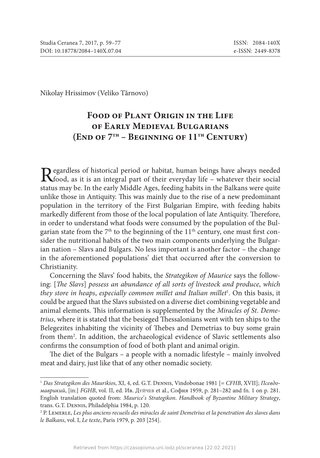 Food of Plant Origin in the Life of Early Medieval Bulgarians (End of 7Th – Beginning of 11Th Century)