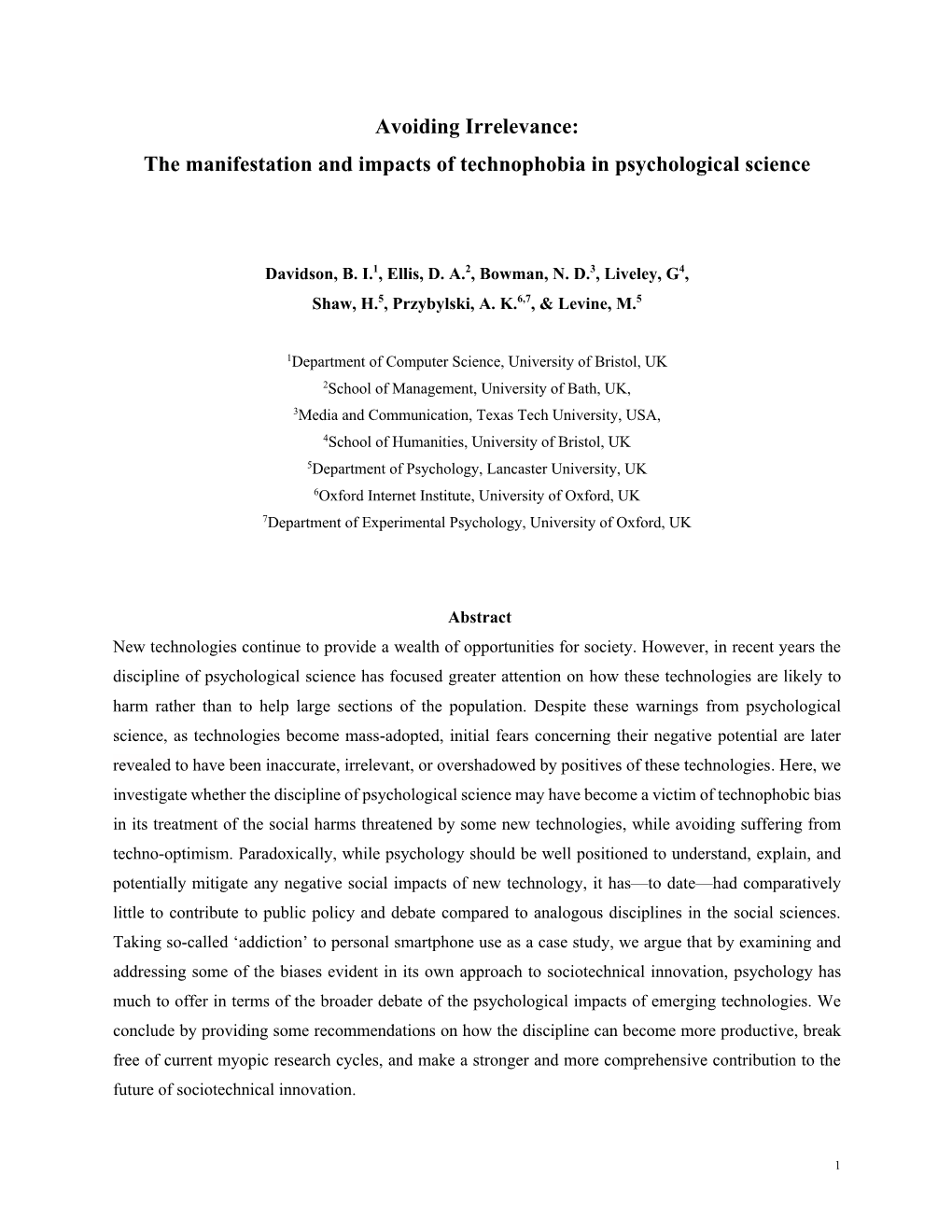 The Manifestation and Impacts of Technophobia in Psychological Science