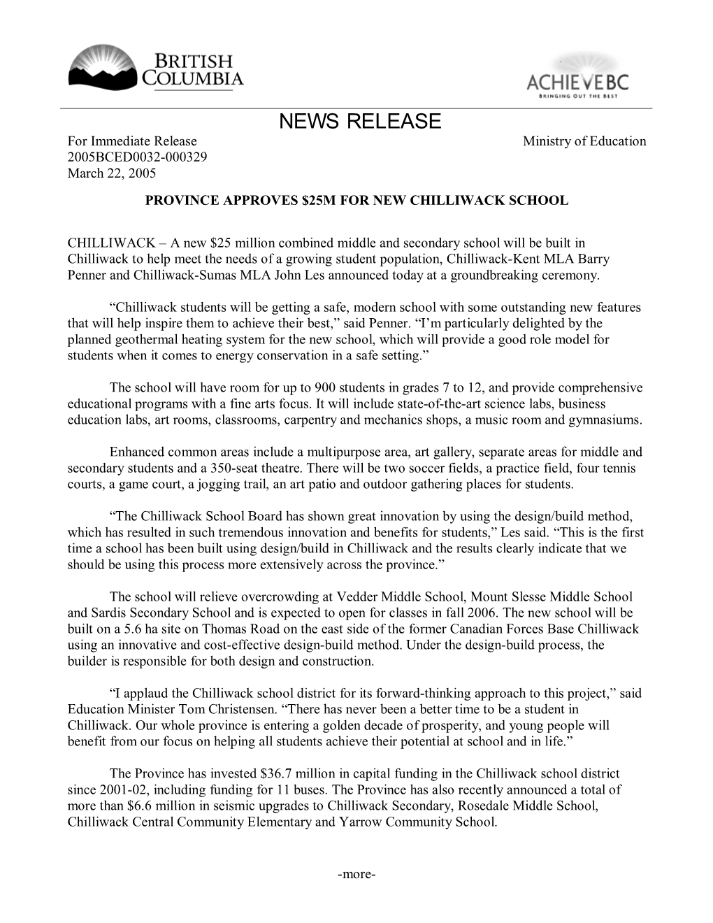 NEWS RELEASE for Immediate Release Ministry of Education 2005BCED0032-000329 March 22, 2005