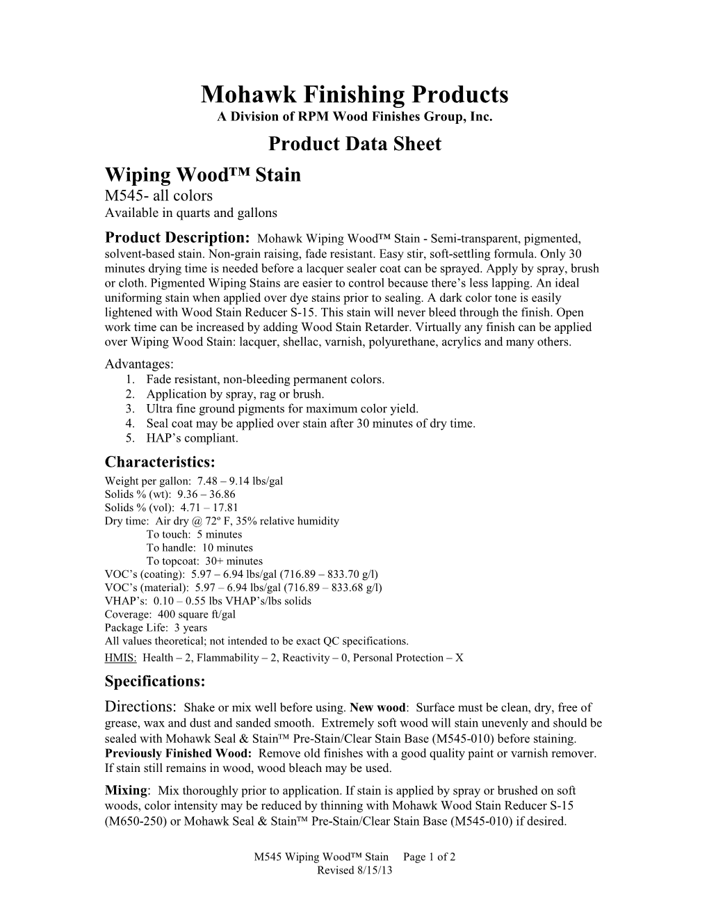 Product Data Sheet Wiping Wood™ Stain