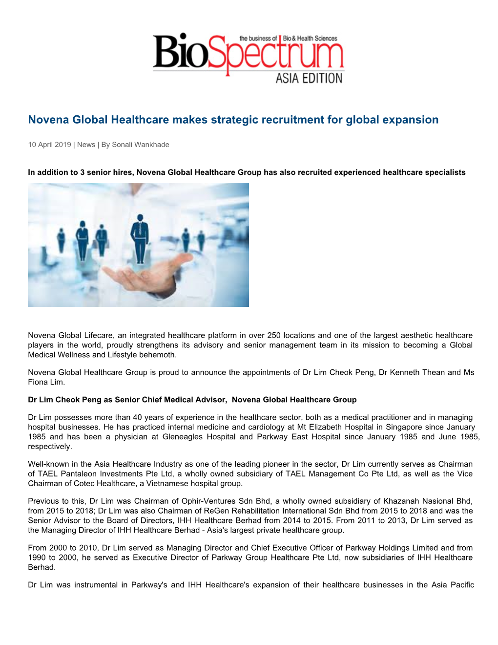 Novena Global Healthcare Makes Strategic Recruitment for Global Expansion