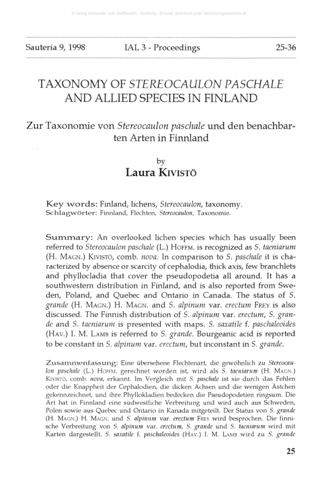 Taxonomy of Stereocaulon Paschale and Allied Species in Finland