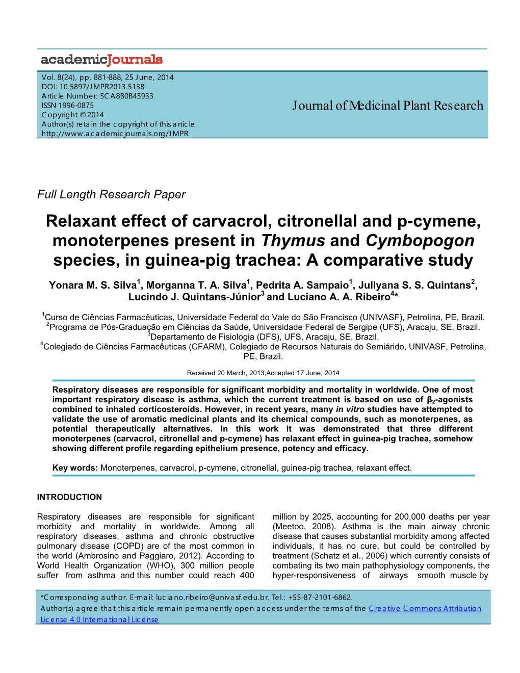 Relaxant Effect of Carvacrol, Citronellal and P-Cymene, Monoterpenes Present in Thymus and Cymbopogon Species, in Guinea-Pig Trachea: a Comparative Study