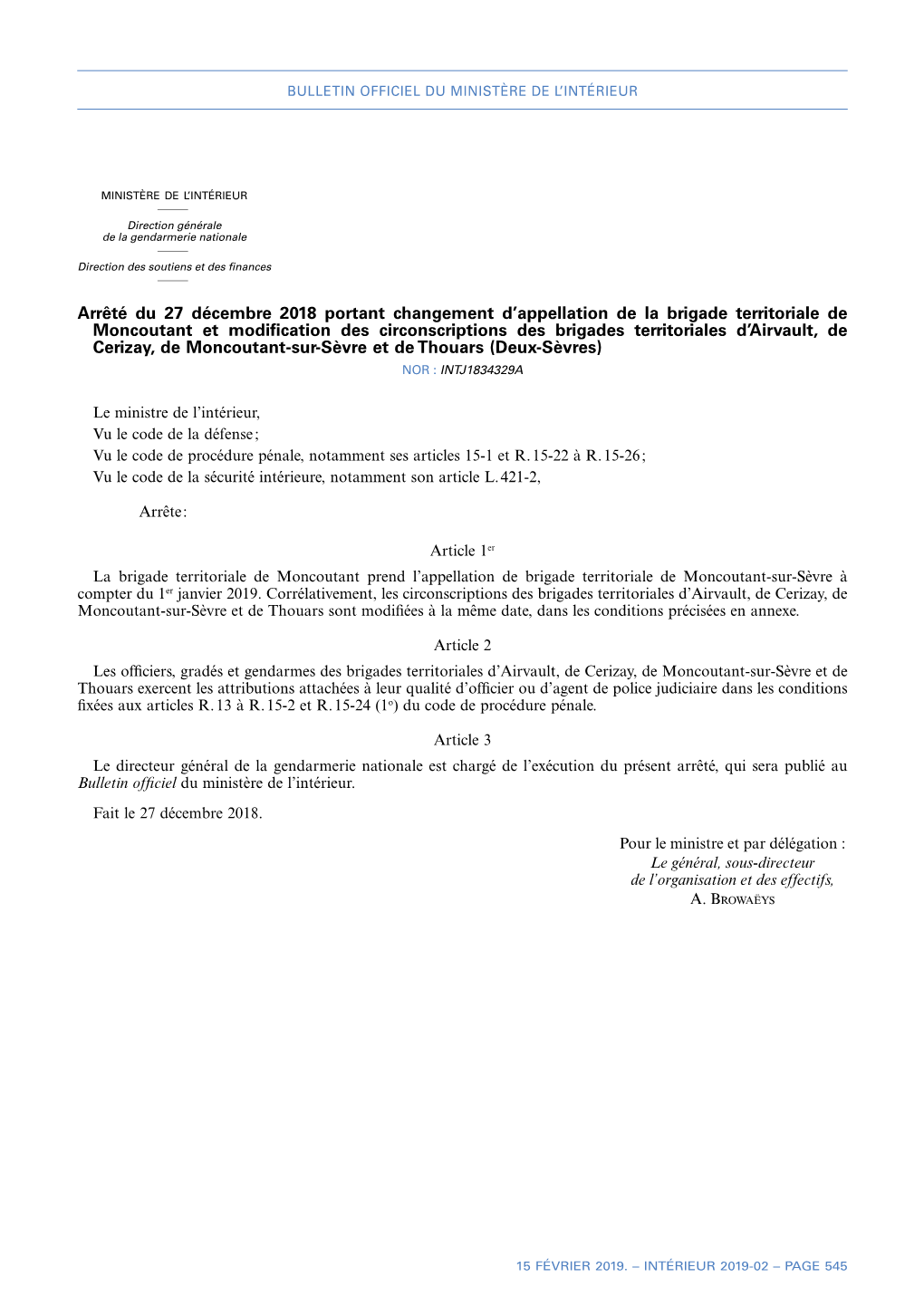 Arrêté Du 27 Décembre 2018 Portant Changement D'appellation De La Brigade Territoriale De Moncoutant Et Modification