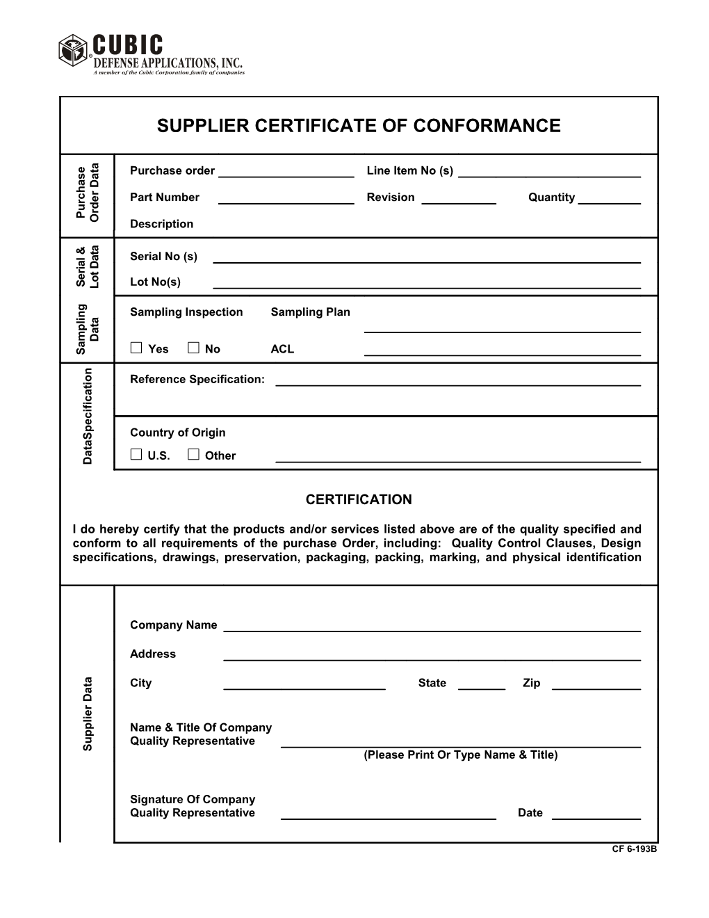 Supplier Certificate of Conformance