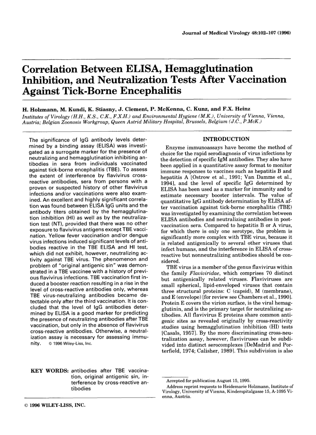 Correlation Between ELISA, Hemagglutination Inhibition, and Neutralization Tests After Vaccination Against Tick-Borne Encephalitis
