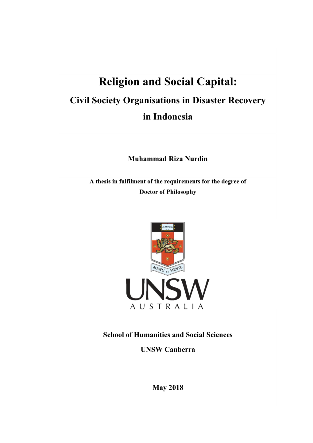 Religion and Social Capital:Civil Society Organisations in Disaster