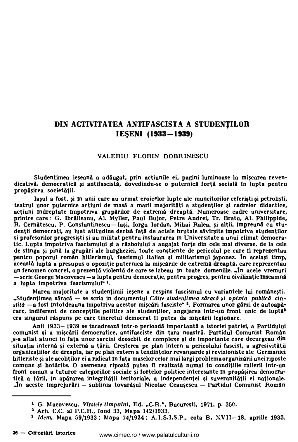 Din Activitatea Antifascista a Studenţilor Ieşeni (1933-1939)