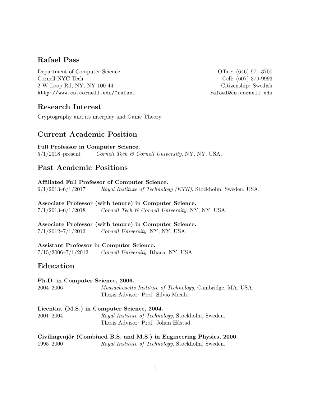 Rafael Pass Research Interest Current Academic Position Past Academic Positions Education