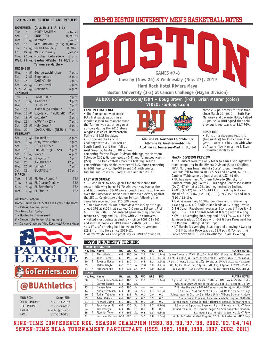 2019-20 Boston University Men's Basketball Notes