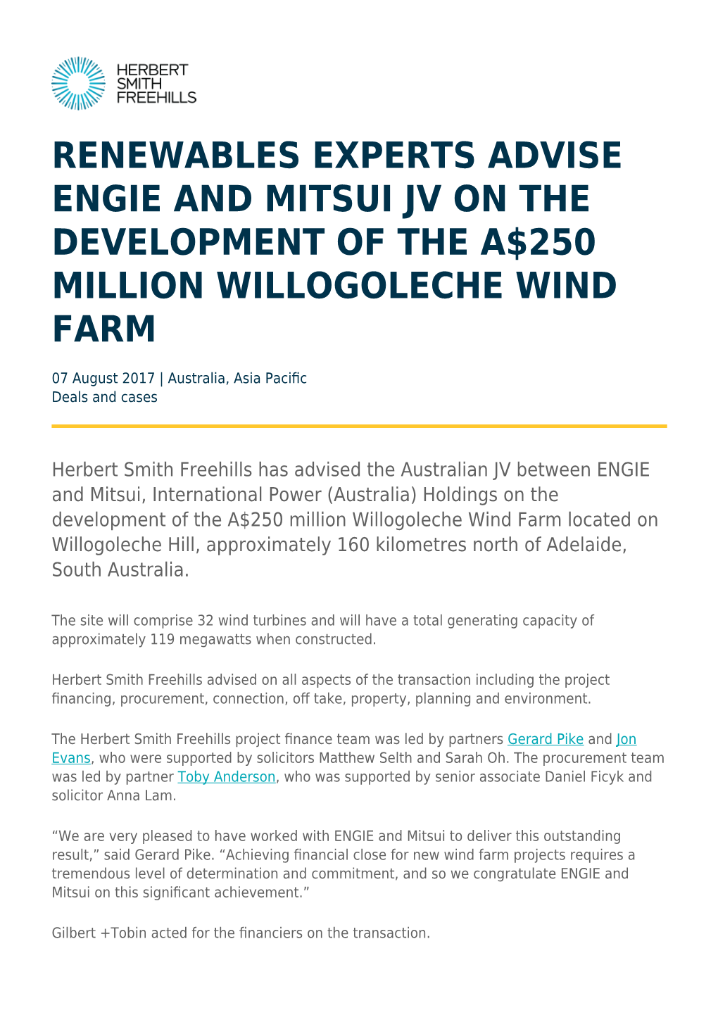 Renewables Experts Advise Engie and Mitsui Jv on the Development of the A$250 Million Willogoleche Wind Farm