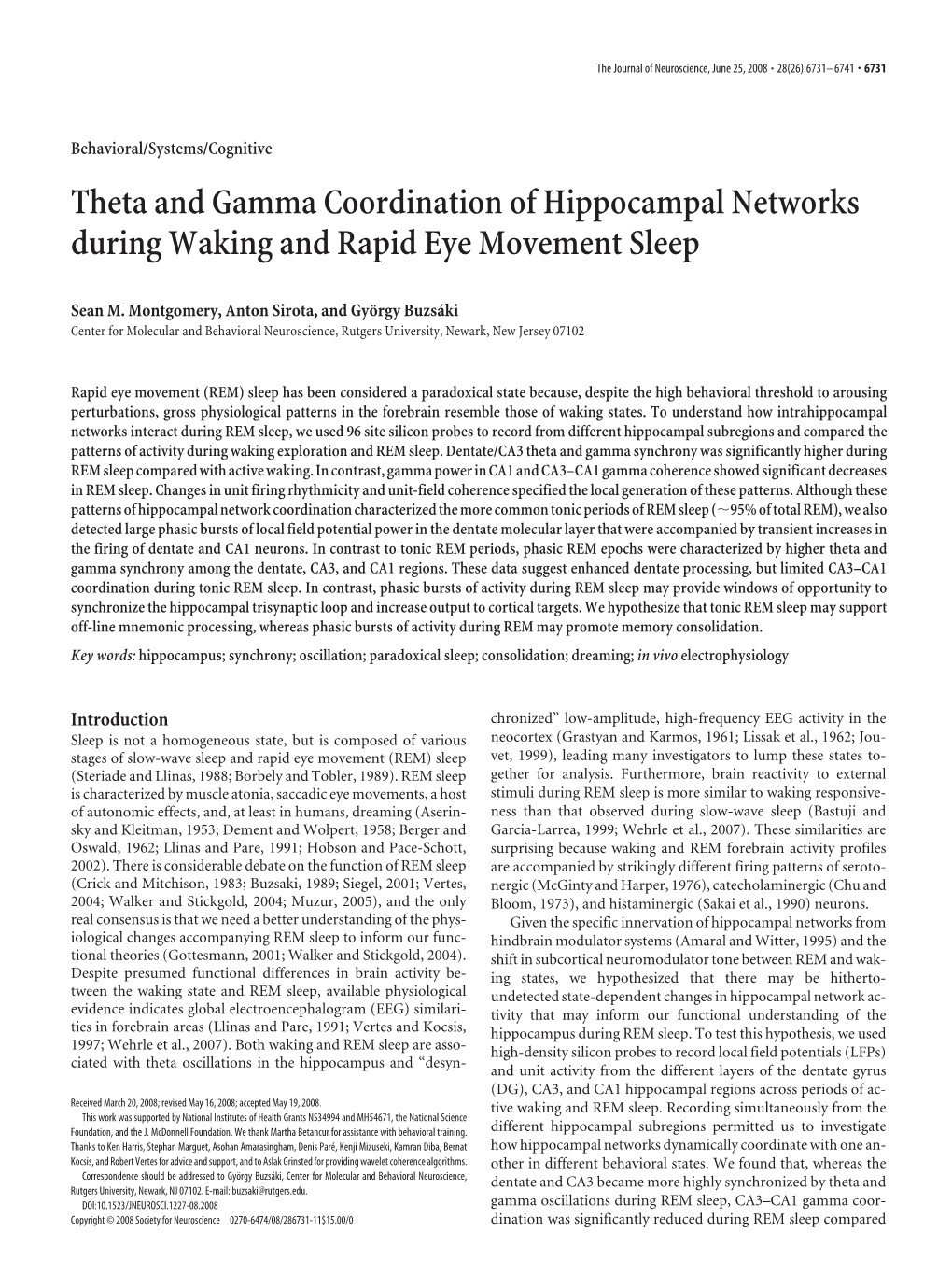 Theta and Gamma Coordination of Hippocampal Networks During Waking and Rapid Eye Movement Sleep