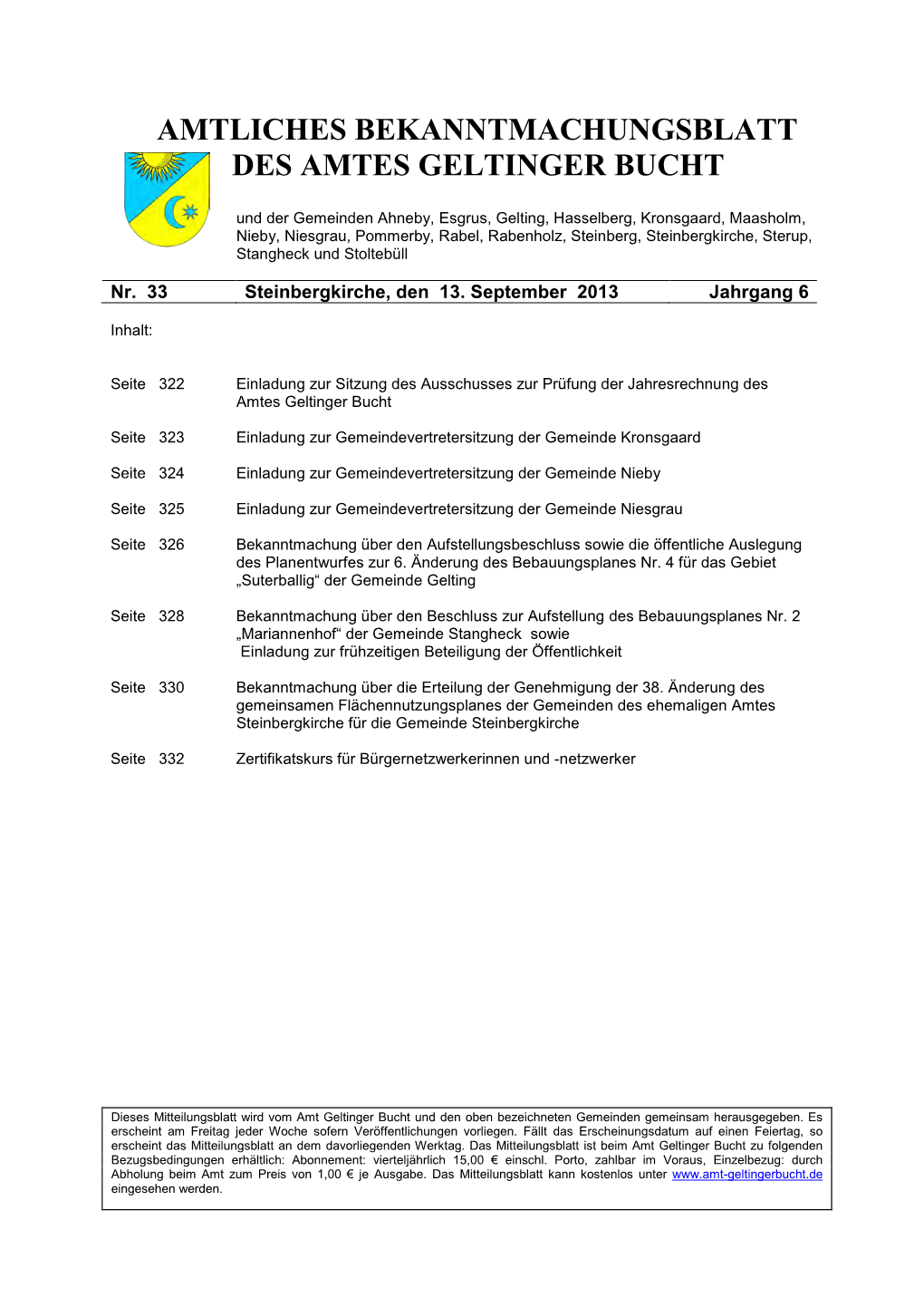 Amtliches Bekanntmachungsblatt Des Amtes Geltinger Bucht Nr. 33/2013