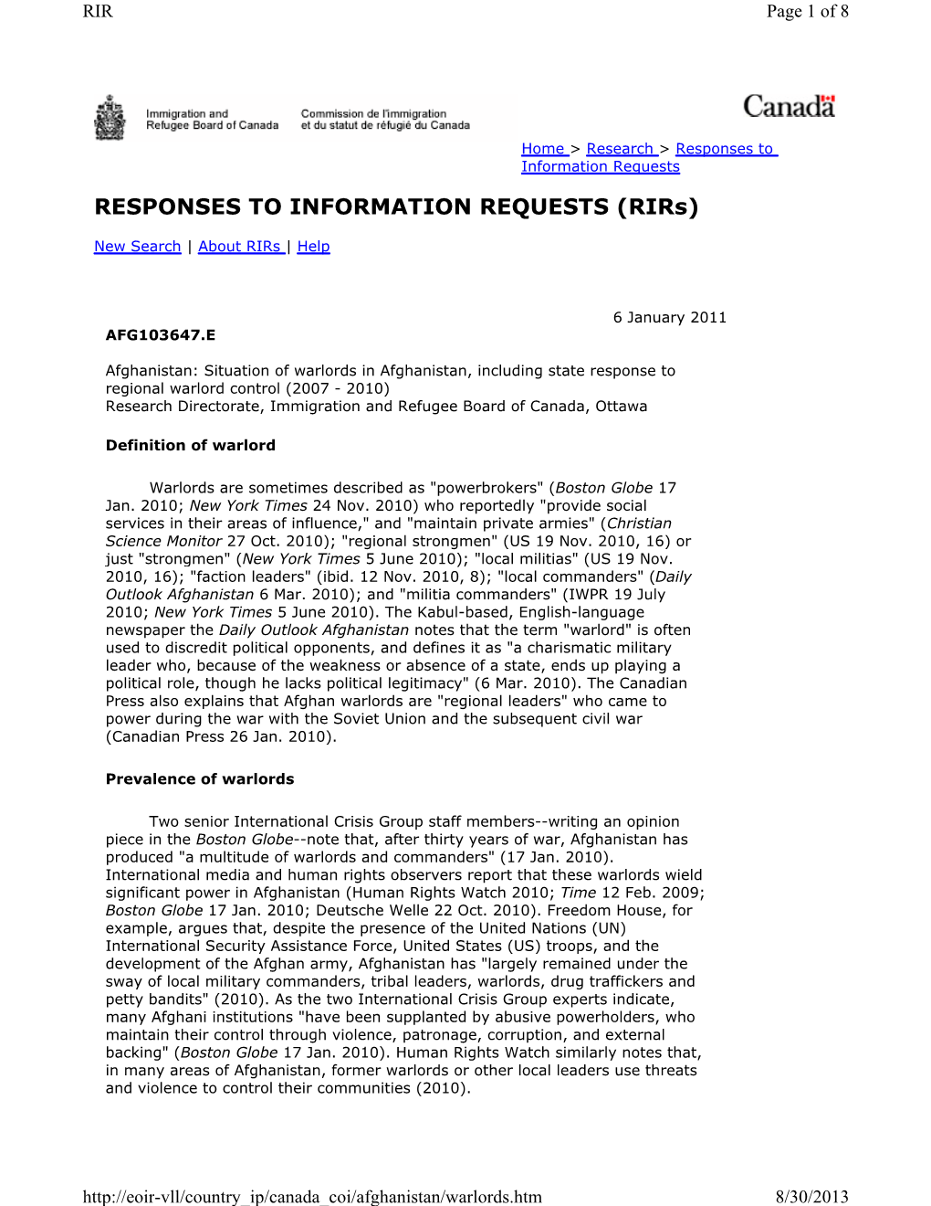 Situation of Warlords in Afghanistan, Including State Response to Regional