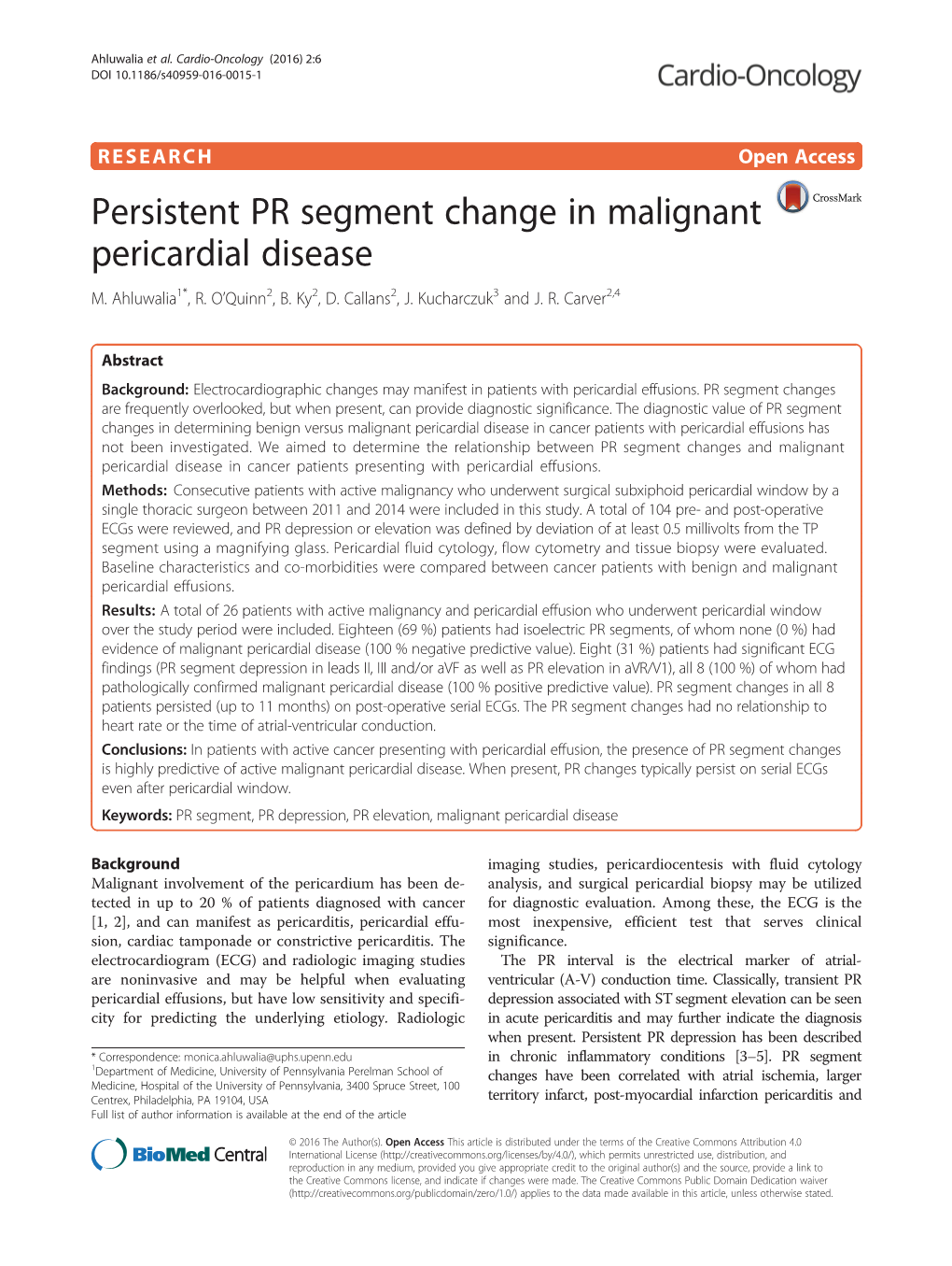 Persistent PR Segment Change in Malignant Pericardial Disease M