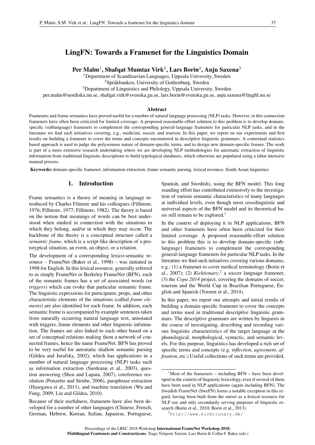 Towards a Framenet for the Linguistics Domain 37