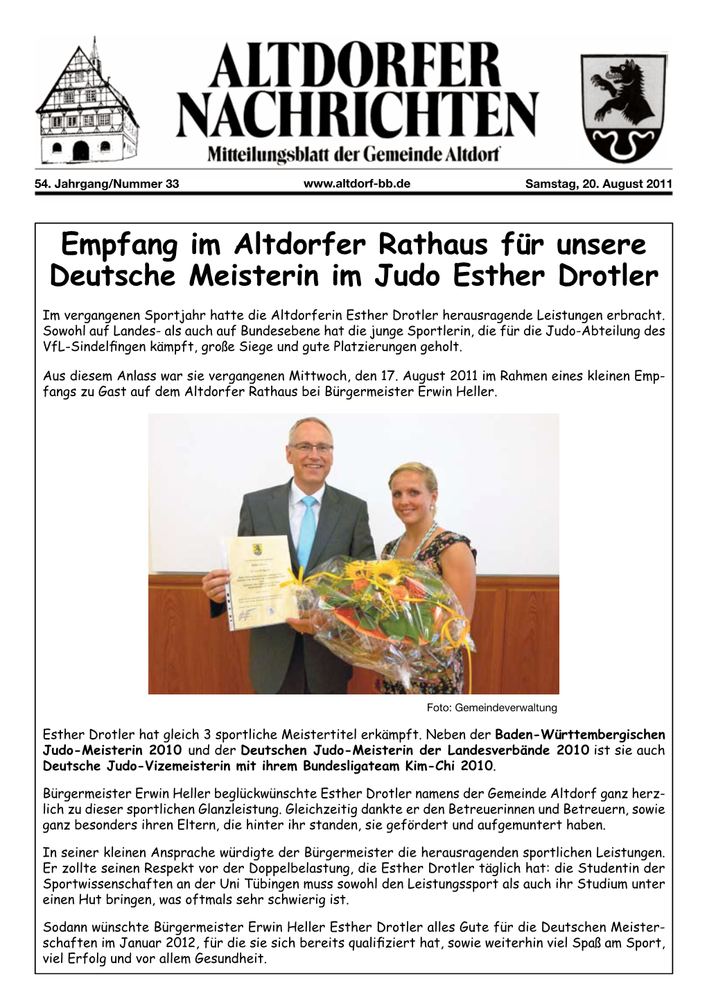 Empfang Im Altdorfer Rathaus Für Unsere Deutsche Meisterin Im Judo Esther Drotler