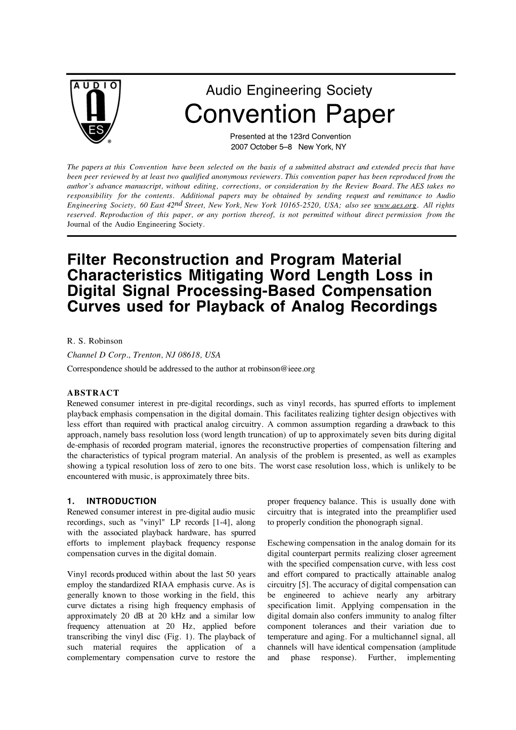 Audio Engineering Society Convention Paper Presented at the 123Rd Convention 2007 October 5–8 New York, NY