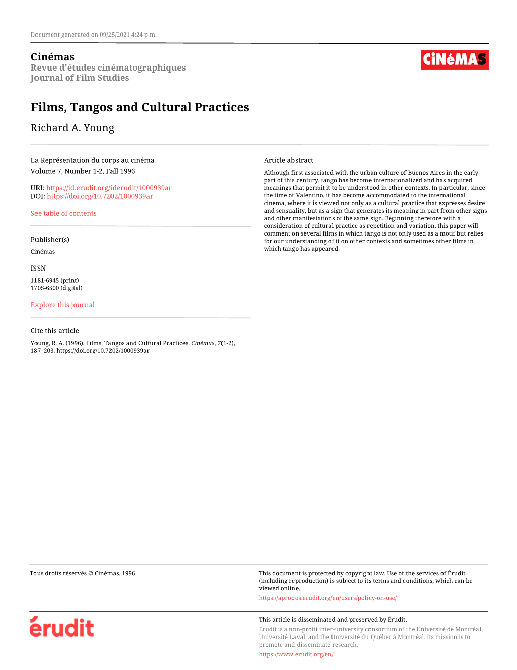 Films, Tangos and Cultural Practices Richard A